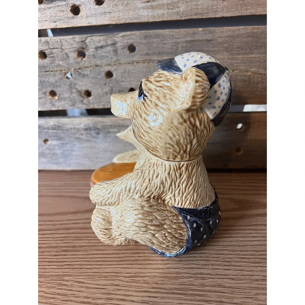 Ceramic Brown Bear Honey Pot with Hat Glazed ceramic Handpainted MCM‎ 1979